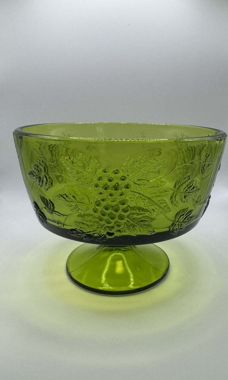 Vintage Avocado Green Glass Pedestal Bowl Grape Pattern 1970s MCM 6"